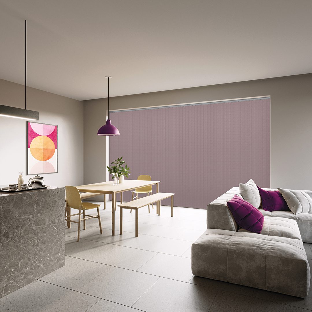 GORGEOUS SOFT LILAC VERTICAL BLINDS FOR OPEN-PLAN LIVING SPACE BY DUBAI BLINDS