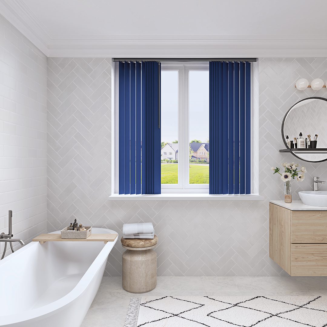 ROYAL BLUE VERTICAL BLINDS FOR LUXIRIOUS BATHROOM RENOVATION BY BLINDS
