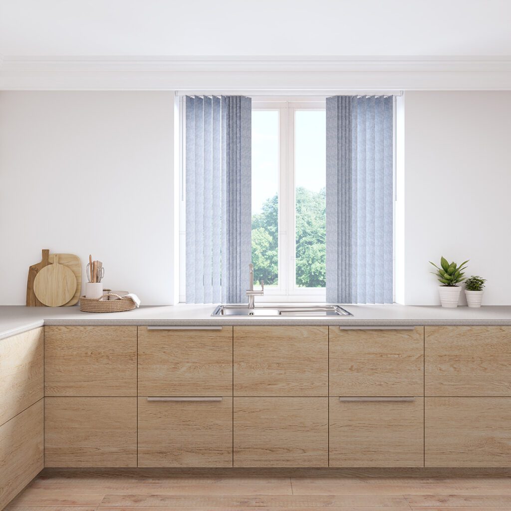 SKY BLUE PATTEREND VERTICAL BLINDS WITH LIGHT PROTECTIVE COATING FOR KITCHEN BY DUBAI BLINDS