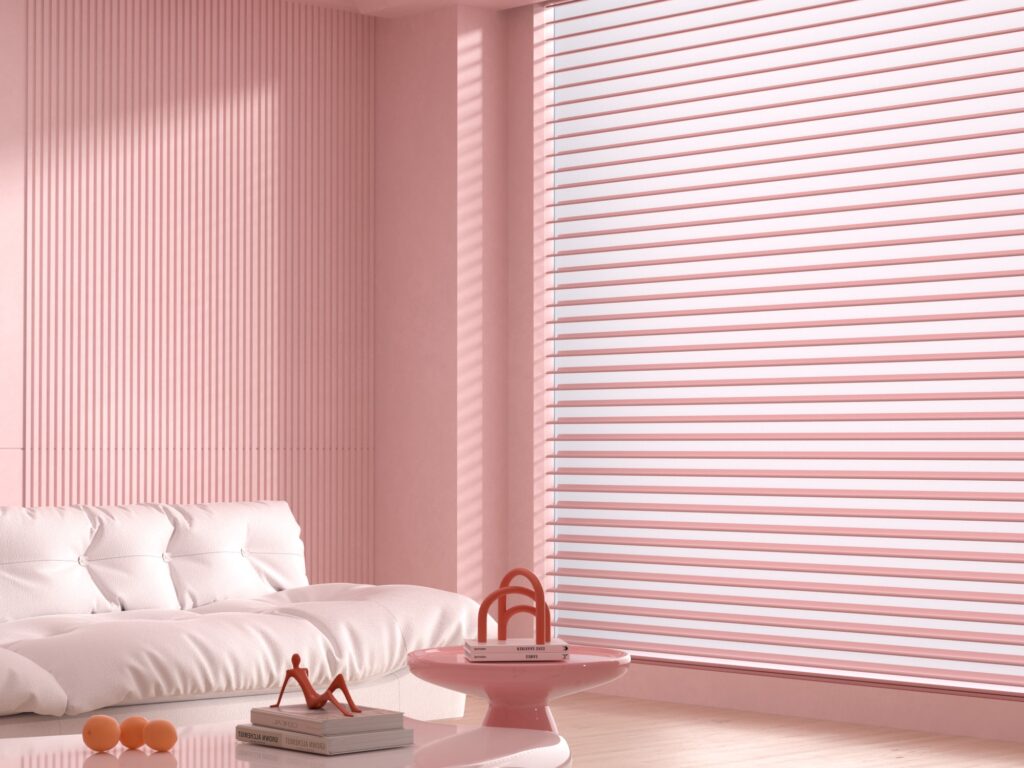 LIGHT PINK COLOUR VENETIAN BLINDS FOR LIVING ROOM WITH SOFA UPHOLSTERY SERVICES BY DUBAI BLINDS